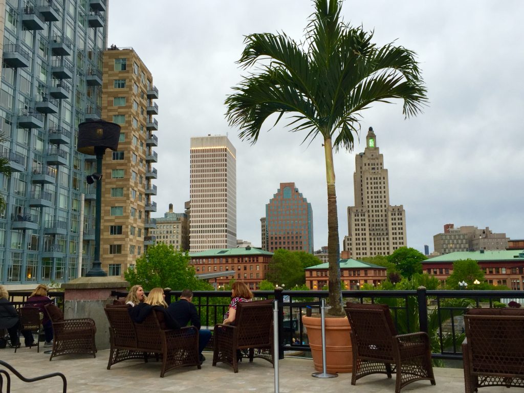 Palm Trees over Providence, the view from Skyline Restaurant deck. Photo by Barnaby Evans.